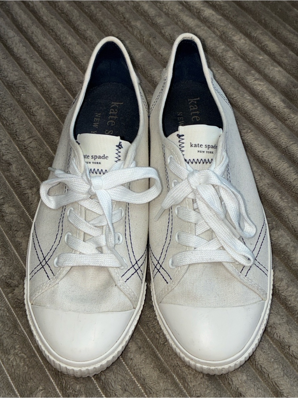 kate spade White Canvas Low-Top Sneakers with Navy Stitching